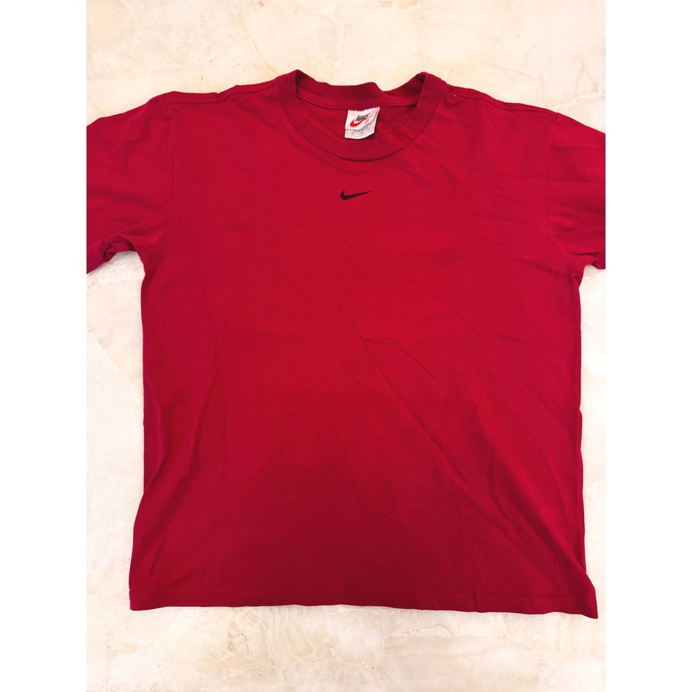 Vintage Nike Center Swoosh T-Shirt Red Made in USA Mens Medium Embroidered Logo